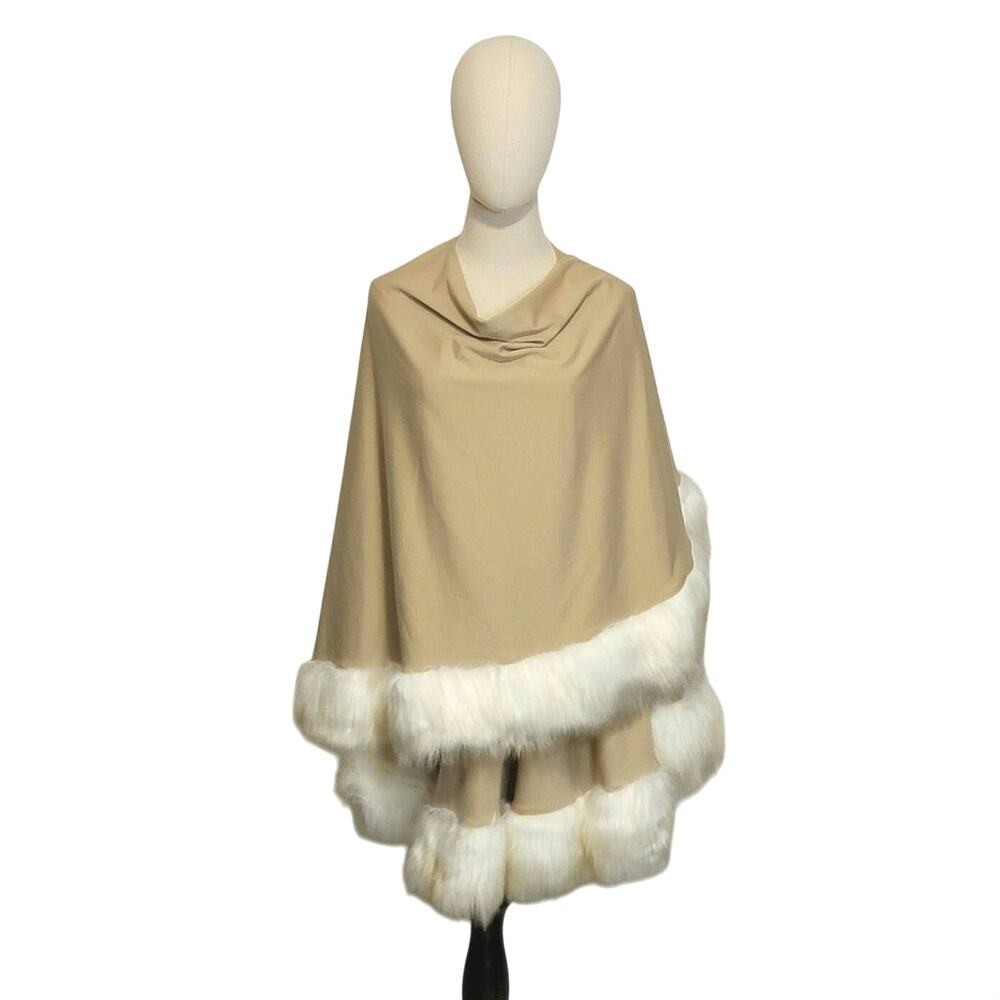 Donna Salyers Fabulous Furs Faux Fur Trim Knit Poncho Cape Tan White OS - Picture 4 of 10